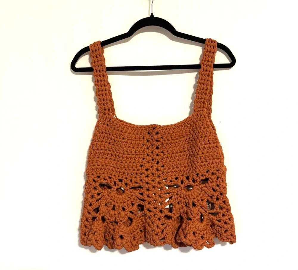 Zara Crochet Top Tank XS S Orange Chunky Open Knit New